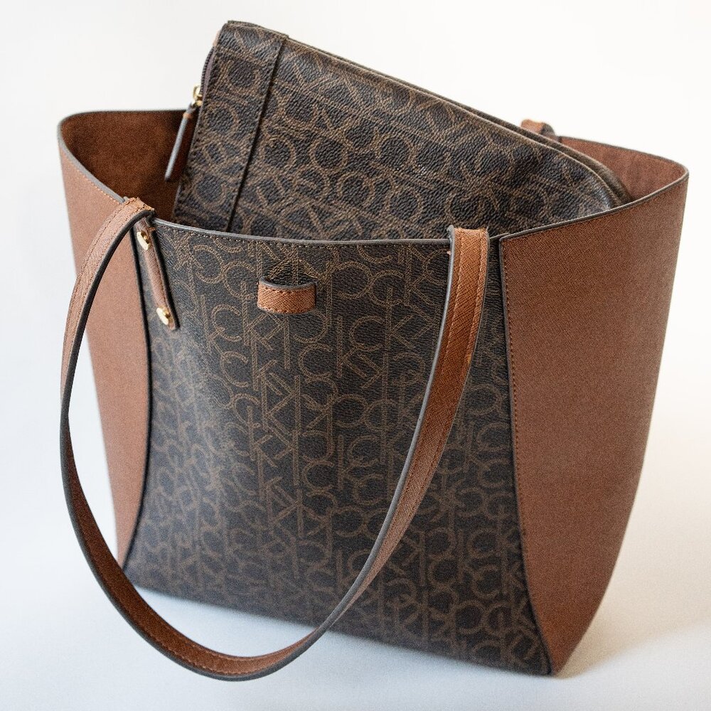 Calvin Klein CK Monogram Reversible Micro Suede Tote w/ Removable Pouch